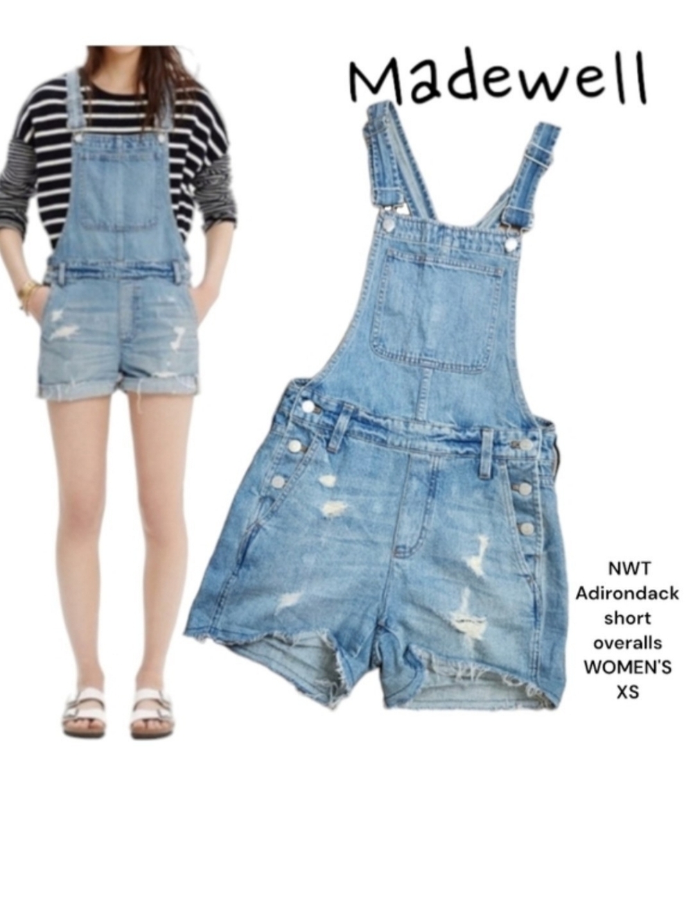 Madewell Women's Adirondack short overalls distressed light wash raw Fray hem xs